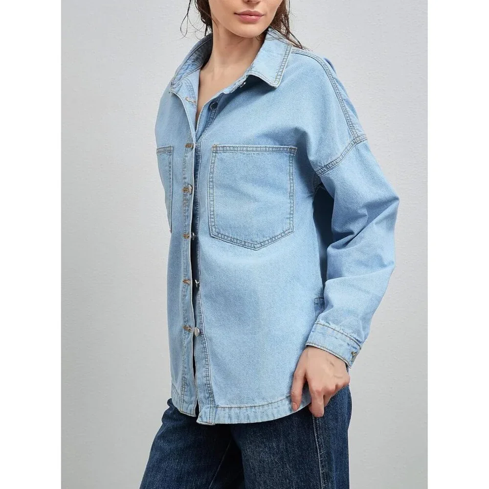 Women Denim Shacket Light Blue Oversized Button Long Sleeve Casual Jacket - Picture 7 of 7